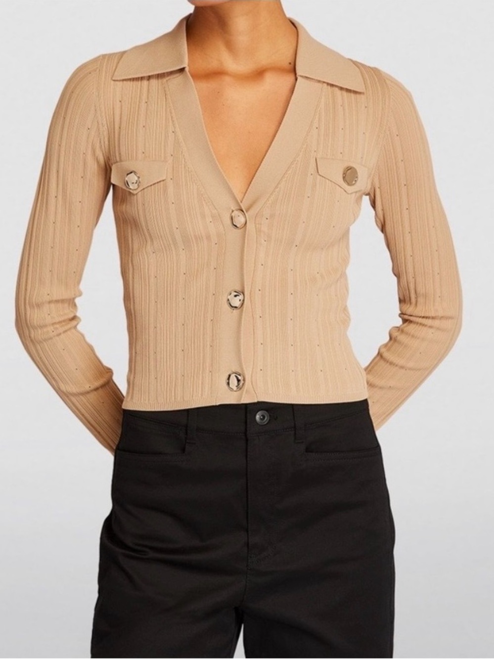 Sandro Camel Ribbed Knit Button-Front Jacket